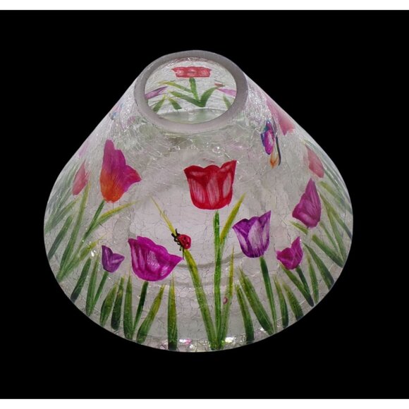 Yankee Candle Tulips Butterflies Ladybugs Crackle Glass Handpainted Topper Shade - Picture 4 of 5